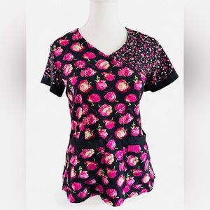 Betsey Johnson Pink Rose Floral Scrub Top XXS Medical Uniform